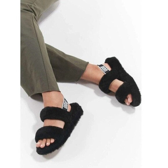 UGG Oh Yeah Slide Slipper Slingback Black 7 Platform Shearling Sandals 1107953 - Picture 2 of 11